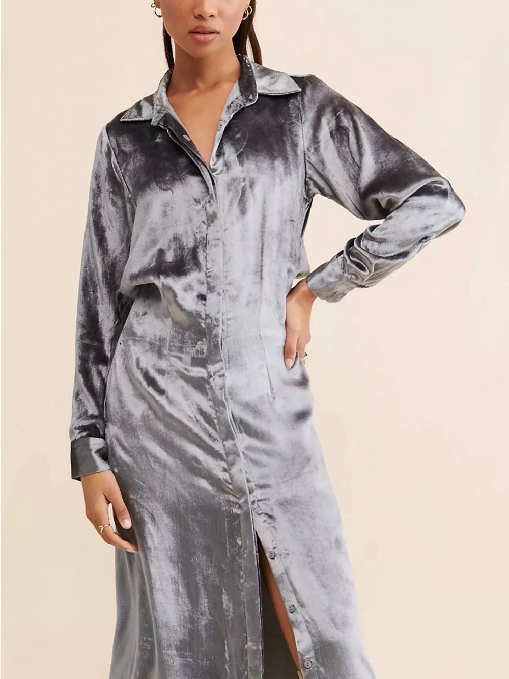 Women's Silver Velvet Button-Front Dress